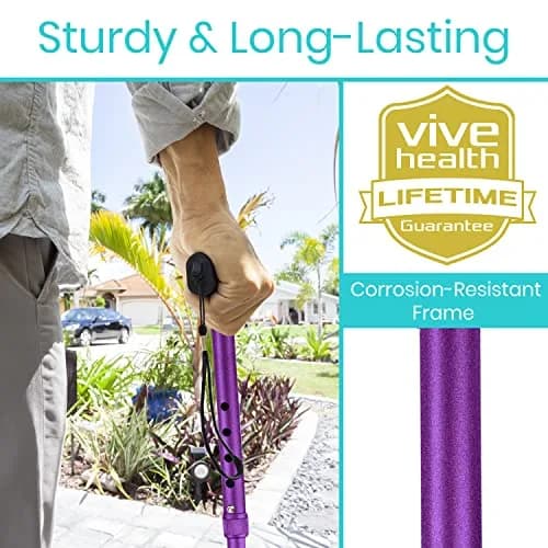 Vive Folding Cane - Adjustable Walking Cane for Men & Women, 33"-37", Purple | Lightweight Aluminum Mobility Aid with Ergonomic Grip & Non-Slip Tip thumbnail 3