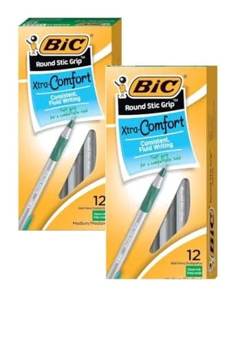 BIC Round Stic Grip Xtra Comfort Ball Pen Medium Pt 1.2mm Green | Fluid Writing, Soft Grip, Non-Refillable thumbnail 1