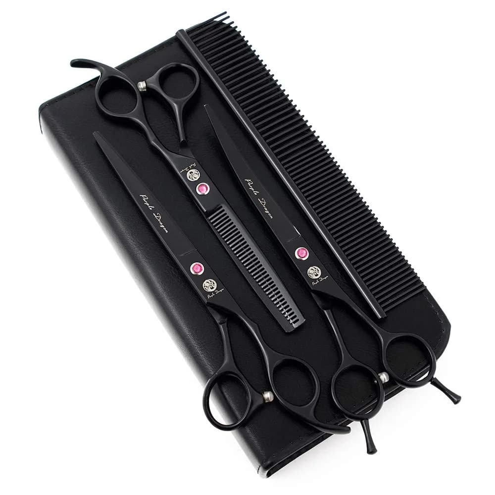 Purple Dragon 7" Dog Grooming Scissors Set with Rhinestone Accent - Rainbow | Sharp, Durable & Professional — Black Painting