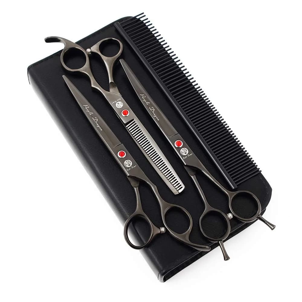 Purple Dragon 7" Dog Grooming Scissors Set with Rhinestone Accent - Rainbow | Sharp, Durable & Professional — Bright Black