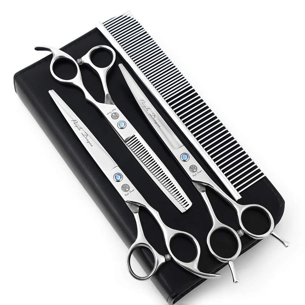 Purple Dragon Pet Grooming Scissors Set with Rhinestone Accent, 7" | Sharp, Durable, Professional — Silver