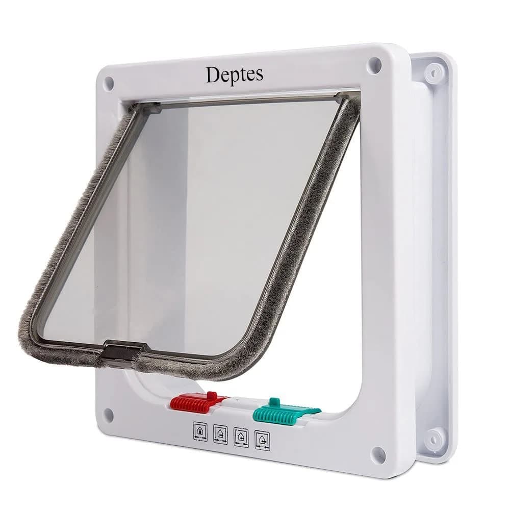 Depets Medium Cat Door 7.5" x 7.8" White | 4-Way Locking Pet Flap for Cats up to 15 lbs