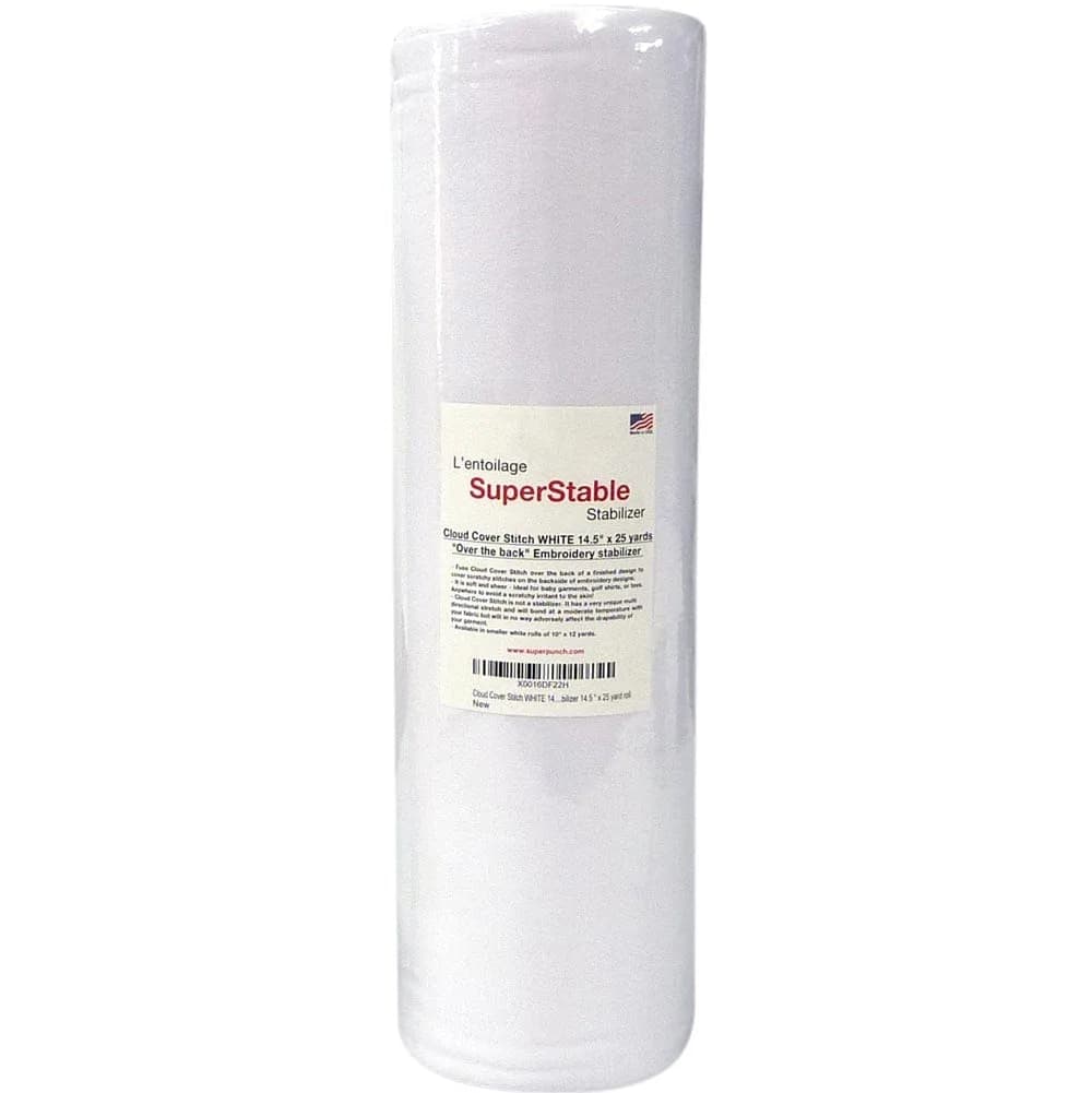 Superpunch Cloud Cover Embroidery Backing White 30.48cm x 9.14m (12 in x 10 yd) | Soft Iron-On Fabric for Itchy Stitches — White / 14.5" x 25 yards roll
