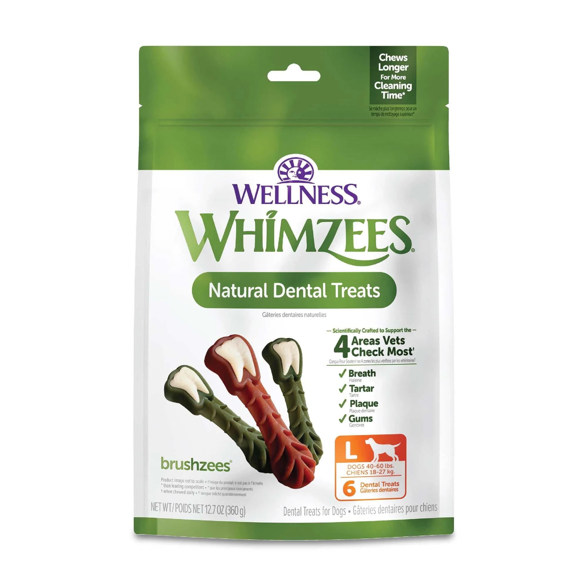 Whimzees Wellness Brushzees Natural Dog Dental Treat, Large Size, 6 Count | VOHC Accepted Chews for Dogs 40+ lb - main product image