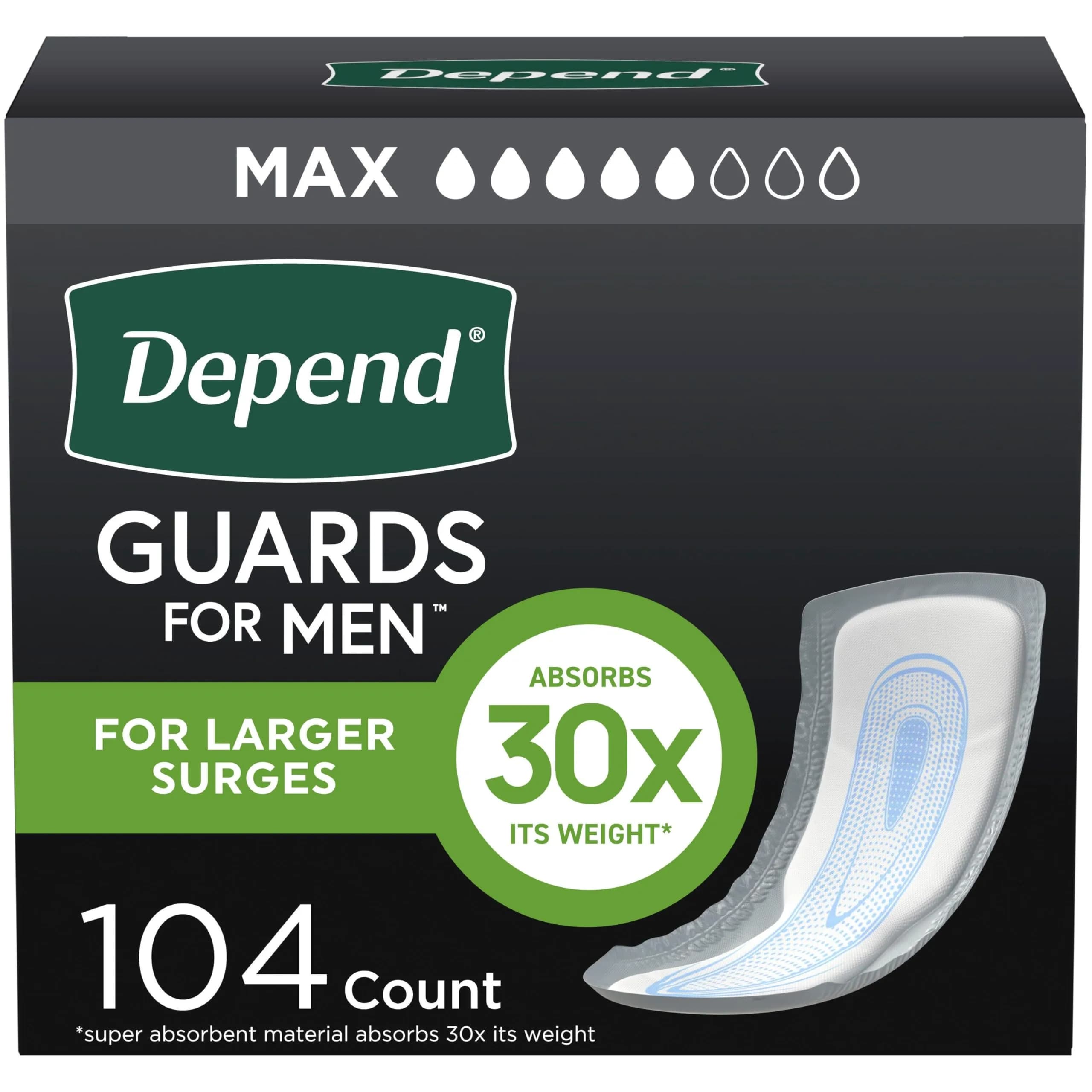Depend Guards for Men Incontinence Pads Maximum Absorbency 104 Count (2 Packs of 52) | USA Imported, Duties Included - main product image