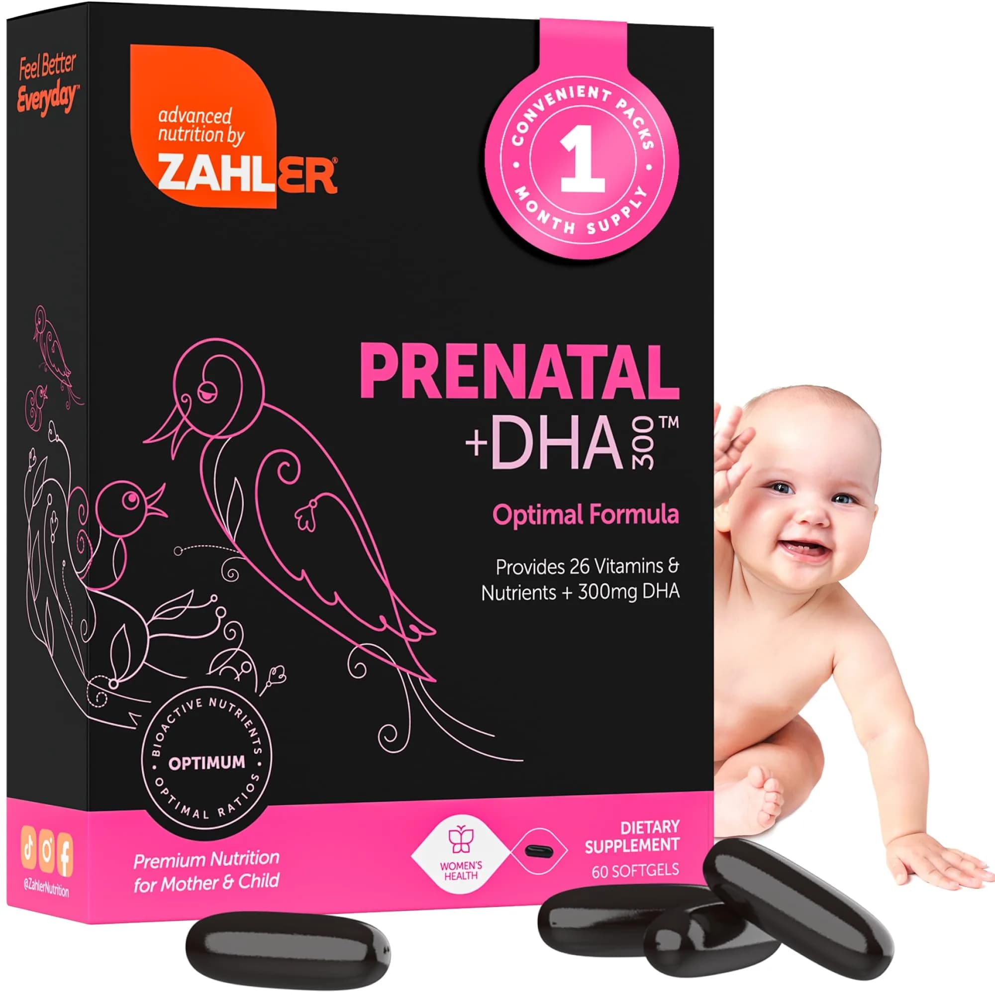 Zahler Prenatal +DHA 300 - Prenatal Vitamin with Methylated Folate & DHA for Pregnant Women - Support for Mom & Baby - 60 Softgels
