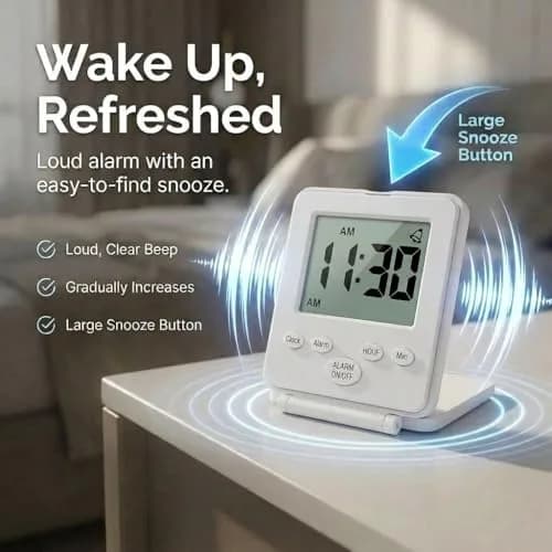 Travelwey Simple Digital Travel Alarm Clock White | Loud Alarm, Snooze, Travel Mode, Battery Powered thumbnail 4