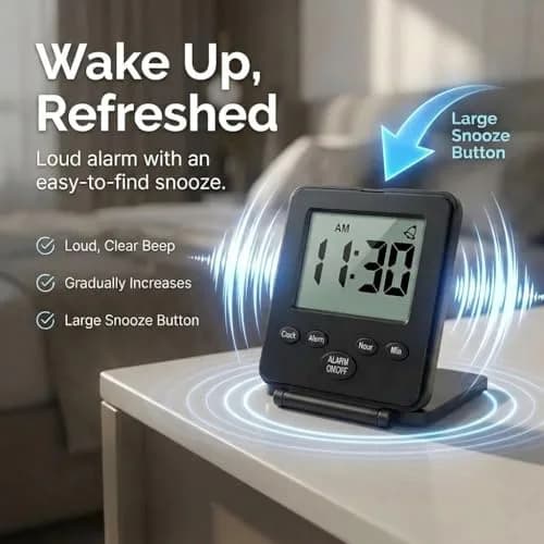 Travelwey Digital Travel Alarm Clock - Black | Simple Operation, Loud Alarm, Snooze, On/Off Switch, 2 AAA Battery Powered thumbnail 4