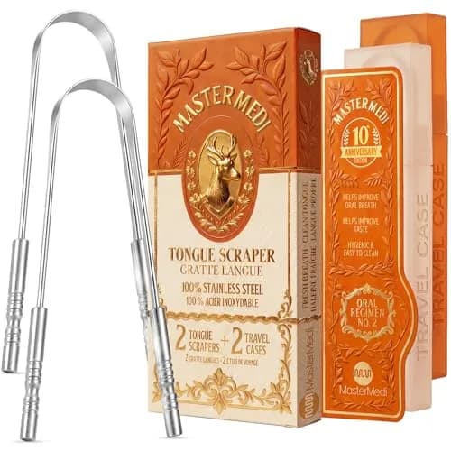 mastermedi Stainless Steel Tongue Scraper 2 Count (Pack of 1) | Reduces Bad Breath, Enhances Taste thumbnail 1