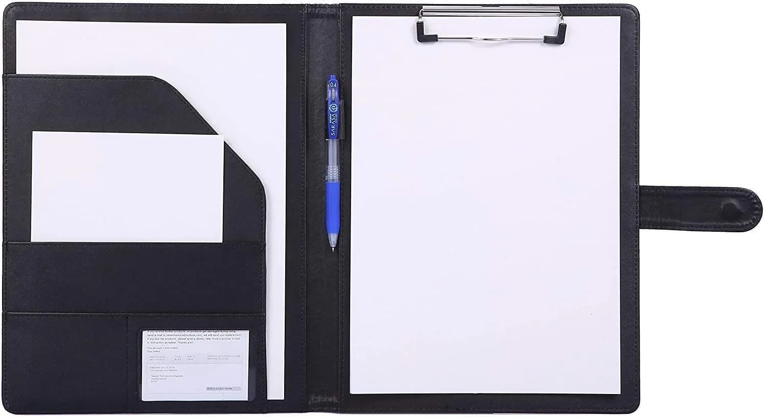 Mymazn Black Faux Leather Padfolio Clipboard Folder Portfolio with Pen Holder for Letter Size A4 Writing Pad | Professional Business & Office Organizer