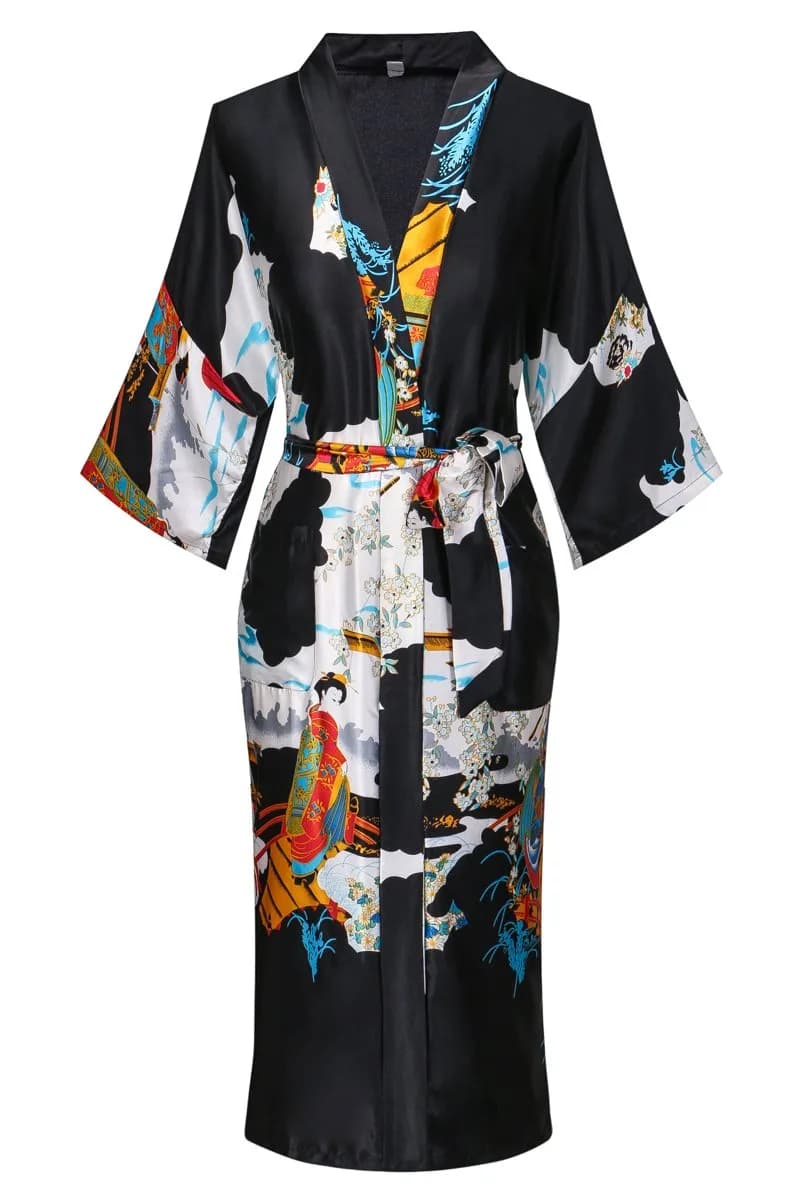 DandyChic Women's Kimono Robe Pagoda Print Imitation Silk Small Black | Elegant Floral Lounge - main product image