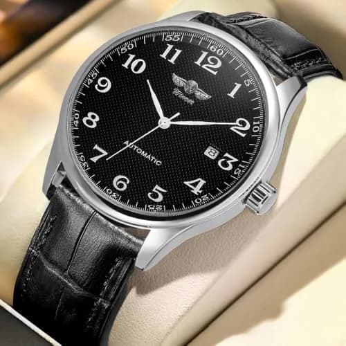 VIGOROSO Automatic Mechanical Watch Black Dial Leather Strap 40mm (1.57 inch) | Chronograph Day Date Display thumbnail 4