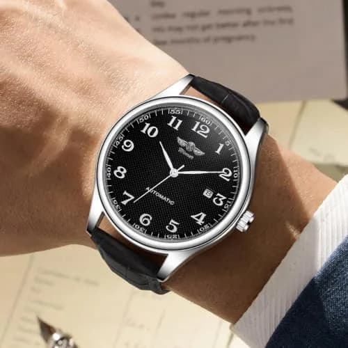 VIGOROSO Automatic Mechanical Watch Black Dial Leather Strap 40mm (1.57 inch) | Chronograph Day Date Display thumbnail 2