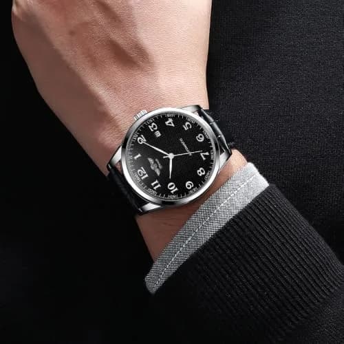 VIGOROSO Automatic Mechanical Watch Black Dial Leather Strap 40mm (1.57 inch) | Chronograph Day Date Display thumbnail 3