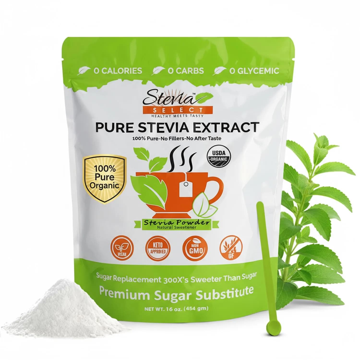 Stevia Select Organic Stevia Powder Sugar Free Plant Based Stevia Sweetener 454g (16 Oz) | Pure Stevia Extract No Additives Zero Calorie — Stevia Powder