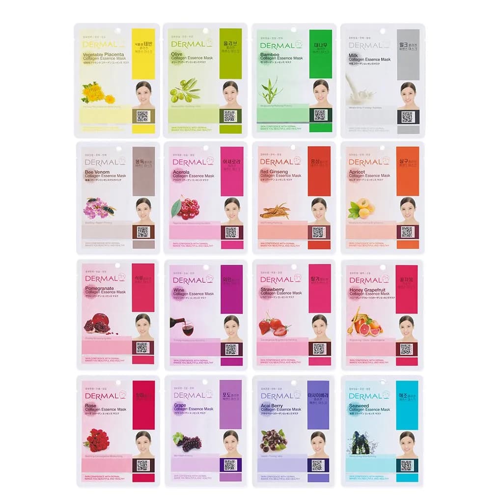 DERMAL 16 Collagen Korean Essence Sheet Mask Variety Pack, 23ml (0.78 Fl Oz) | Hydrating, Soothing, Brightening — Set B1 16 Colors