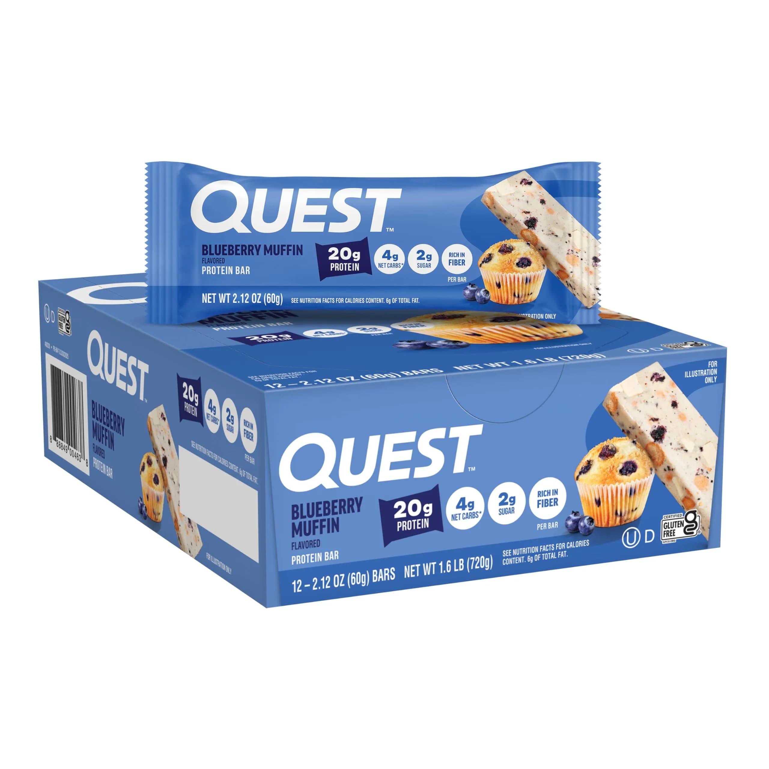 Quest Blueberry Muffin Protein Bars 2.12oz (60g) | 20g Protein, 4g Net Carbs, Gluten-Free