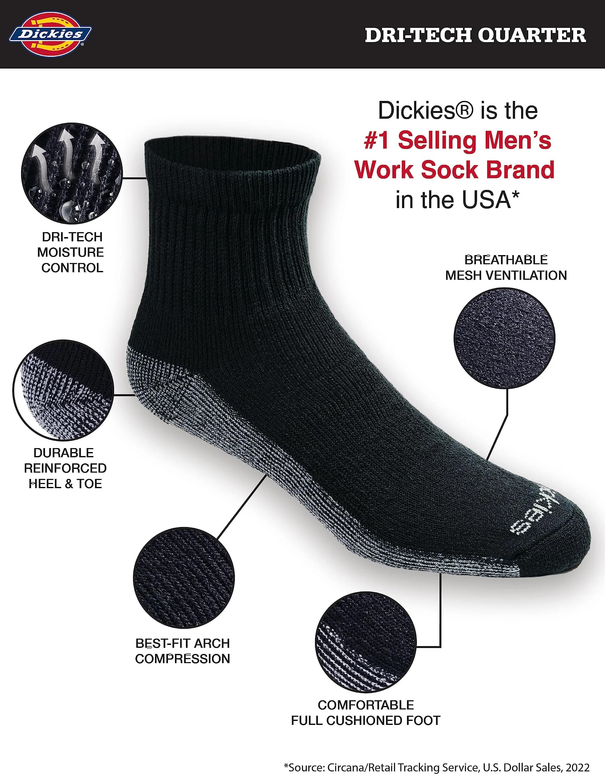 Dickies Dri-Tech Moisture Control Quarter Socks Large | Moisture-wicking, full cushion comfort, reinforced heel & toe (70-120 chars) thumbnail 4