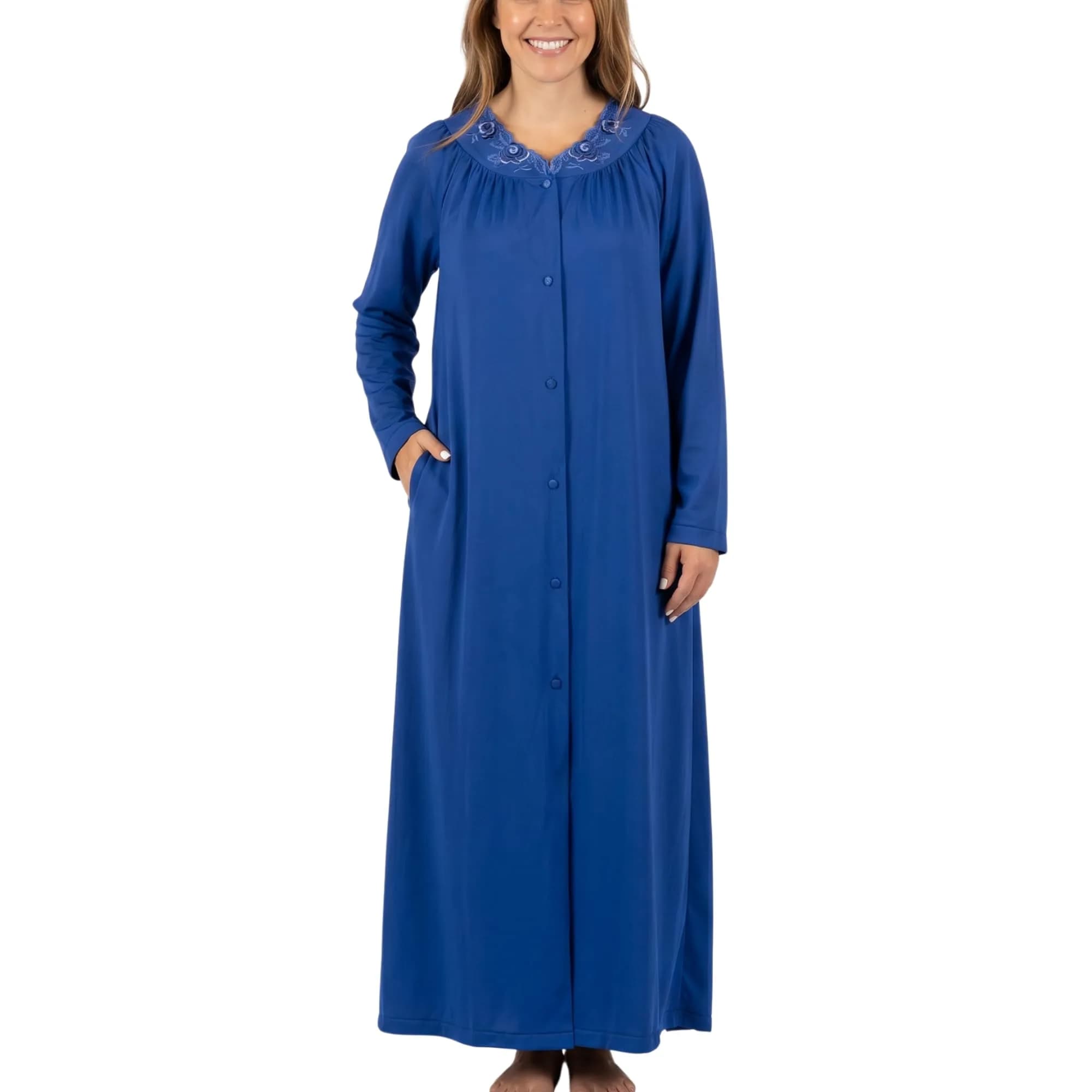 Shadowline Women's Petals Long Sleeve Full Length Button Front Housecoat, Navy, 1X | Elegant, Full-Length Sleepwear for Women - main product image