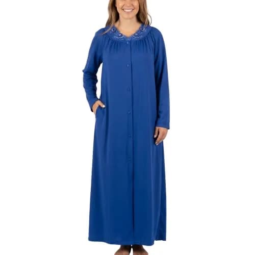 Shadowline Women's Petals Long Sleeve Full Length Button Front Housecoat, Navy, 1X | Elegant, Full-Length Sleepwear for Women thumbnail 1