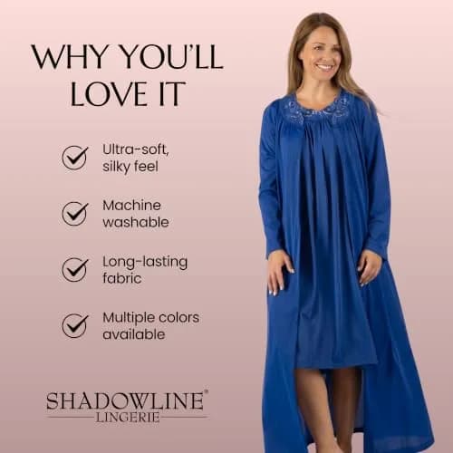 Shadowline Women's Petals Long Sleeve Full Length Button Front Housecoat, Navy, 1X | Elegant, Full-Length Sleepwear for Women thumbnail 9