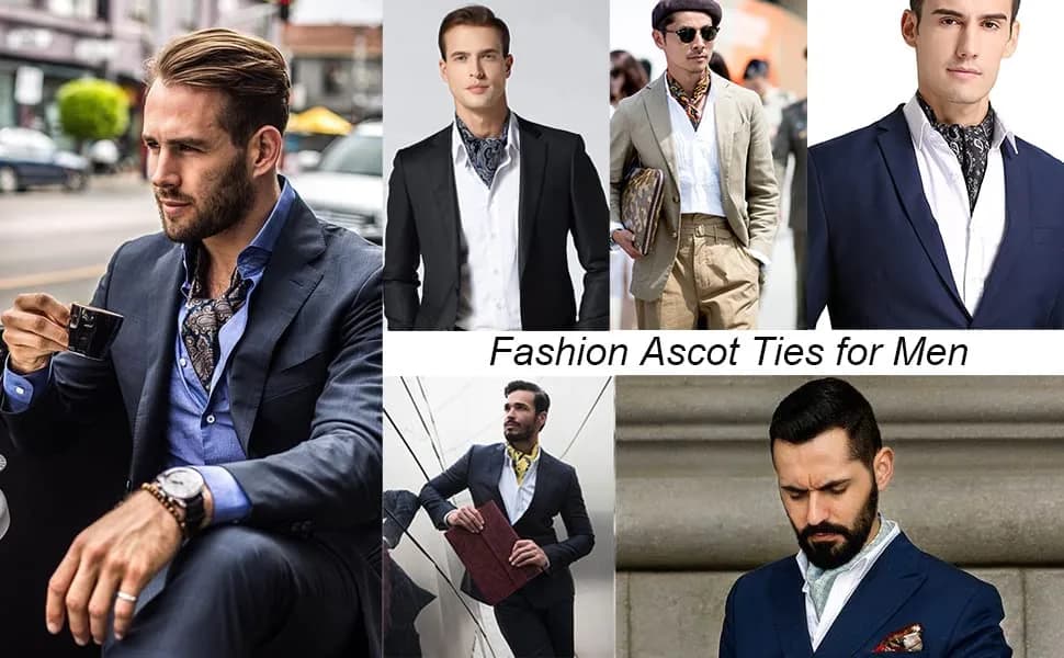 HISDERN Men's Navy Blue Floral Ascot Tie & Pocket Square Set | 126cm (49.6") Length thumbnail 5
