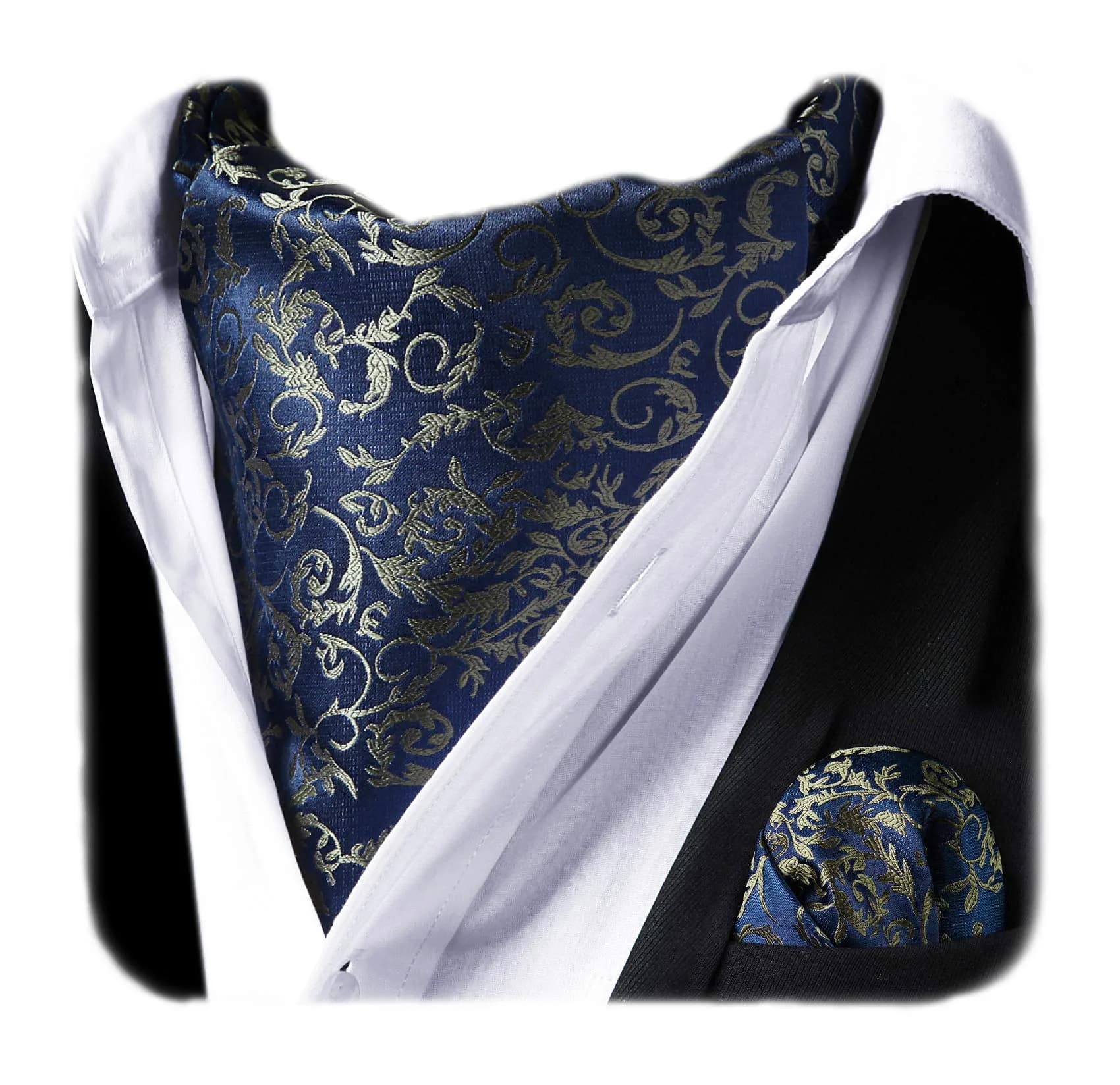 HISDERN Men's Navy Blue Floral Ascot Tie & Pocket Square Set | 126cm (49.6") Length