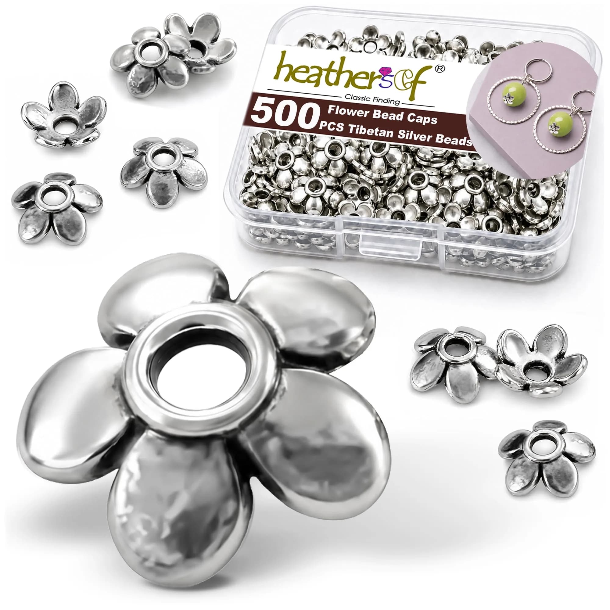 Heather's cf 600PCS Mixed Copper Metal Bead Caps for Jewelry Making, 6mm Flower Bead Caps Fit 8-10mm Beads — Silver Petal Bead Cap-500pcs