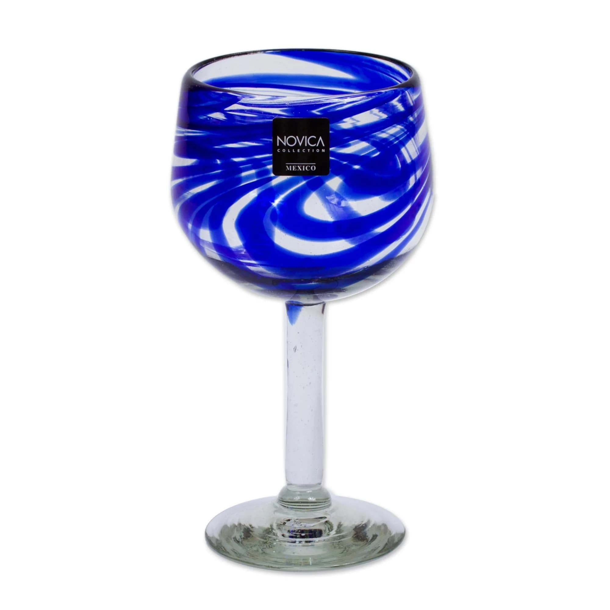 NOVICA Clear Blue Glass Hand Blown Wine Glasses, 13 Oz., 'Elegant Aqua Swirl' (Set Of 6) | Handcrafted Recycled Glass — Cobalt Swirl