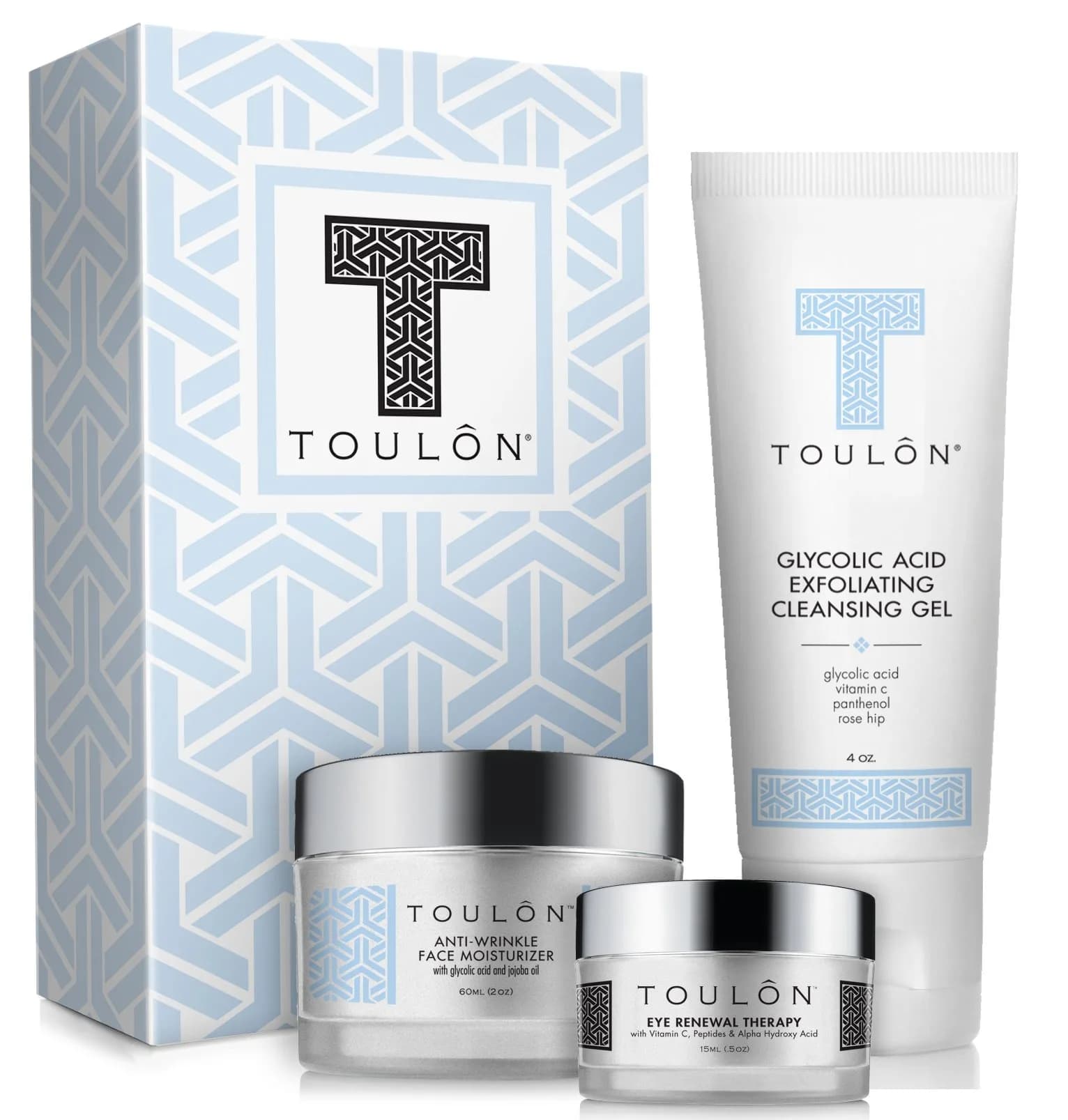 TOULON Glycolic Acid Face Wash 4 Oz | Exfoliating Gel for All Skin Types — 3 Piece Set