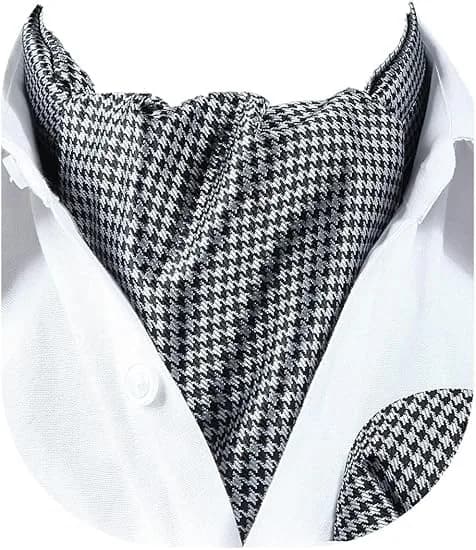 HISDERN Black White Checkered Ascot Tie and Pocket Square Set | 126cm (49.6") x 15.5cm (6.1")