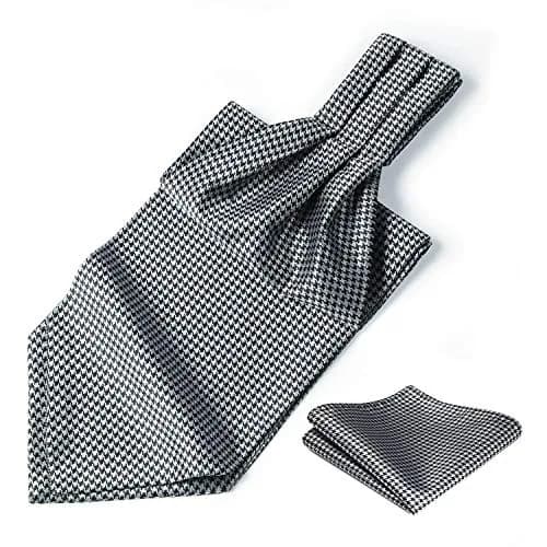 HISDERN Black White Checkered Ascot Tie and Pocket Square Set | 126cm (49.6") x 15.5cm (6.1") thumbnail 6