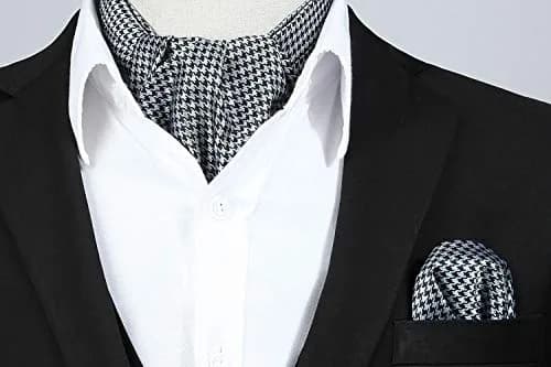 HISDERN Black White Checkered Ascot Tie and Pocket Square Set | 126cm (49.6") x 15.5cm (6.1") thumbnail 3