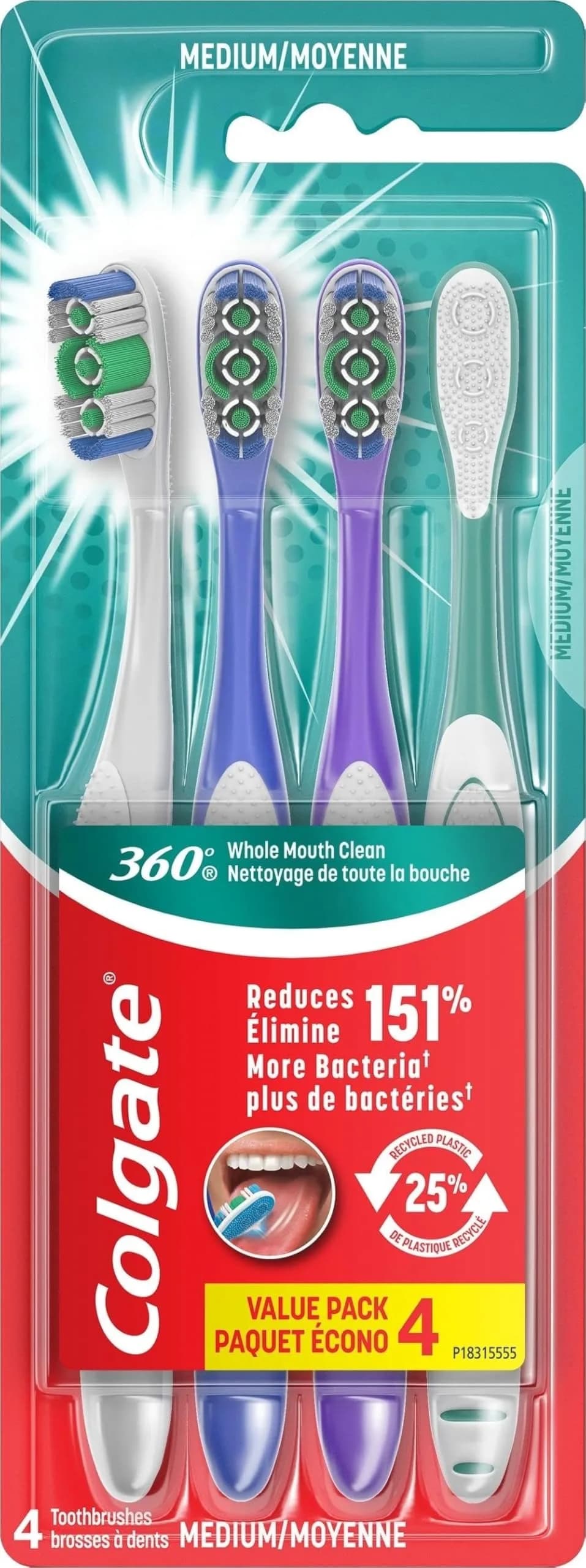 Colgate Deep Clean 4-in-1 Bacteria Removal Toothbrushes, Medium, 4 Pack | Whole-Mouth Deep Clean with Recyclable Packaging - main product image