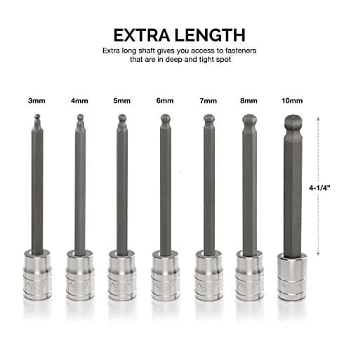 NEIKO Hex-Bit Socket Set 3/8" Drive, Metric, Extra-Long, Ball-End, 7-Piece | Precision Alloy Steel thumbnail 4