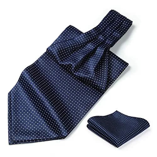 HISDERN Men's Blue Polka Dot Ascot Tie and Pocket Square Set | 126cm (49.6") Length thumbnail 1