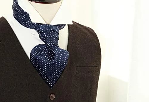 HISDERN Men's Blue Polka Dot Ascot Tie and Pocket Square Set | 126cm (49.6") Length thumbnail 4