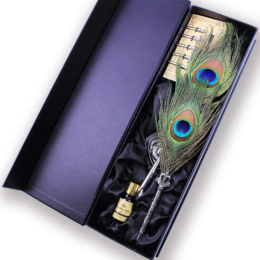 Featty Gifts Antique Natural Peacock Feather Pen Set | 10-Piece Set - main product image