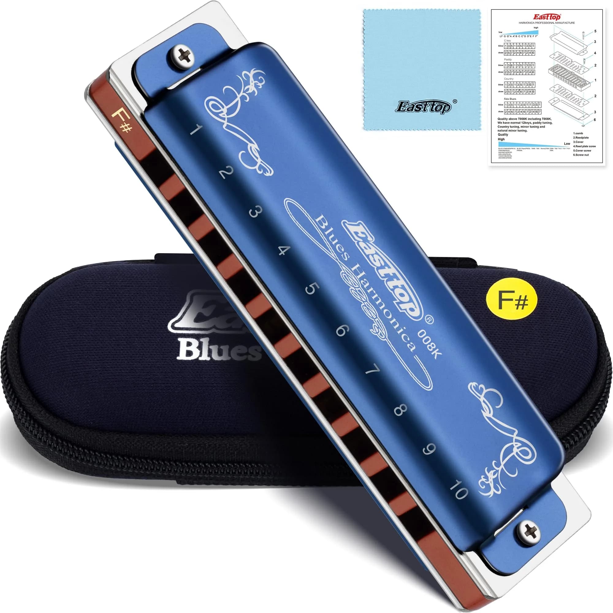 East top Diatonic Harmonica Key of F# 10 Holes | Rich Sound & Portable for Beginners & Pros - main product image