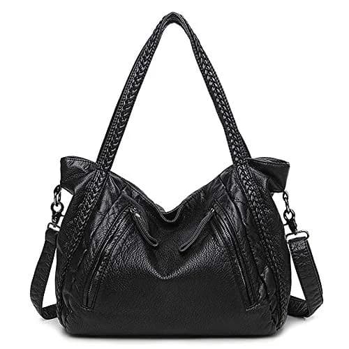 Mn&Sue Black Hobo Bag Large | Soft Faux Leather Slouchy Tote Purse with Detachable Strap thumbnail 4