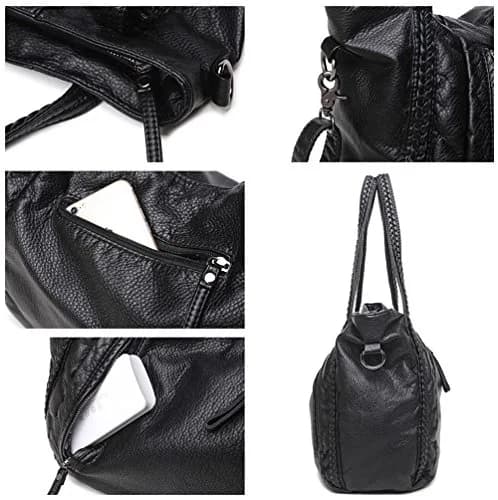 Mn&Sue Black Hobo Bag Large | Soft Faux Leather Slouchy Tote Purse with Detachable Strap thumbnail 6