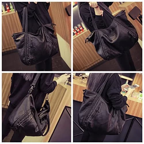 Mn&Sue Black Hobo Bag Large | Soft Faux Leather Slouchy Tote Purse with Detachable Strap thumbnail 2
