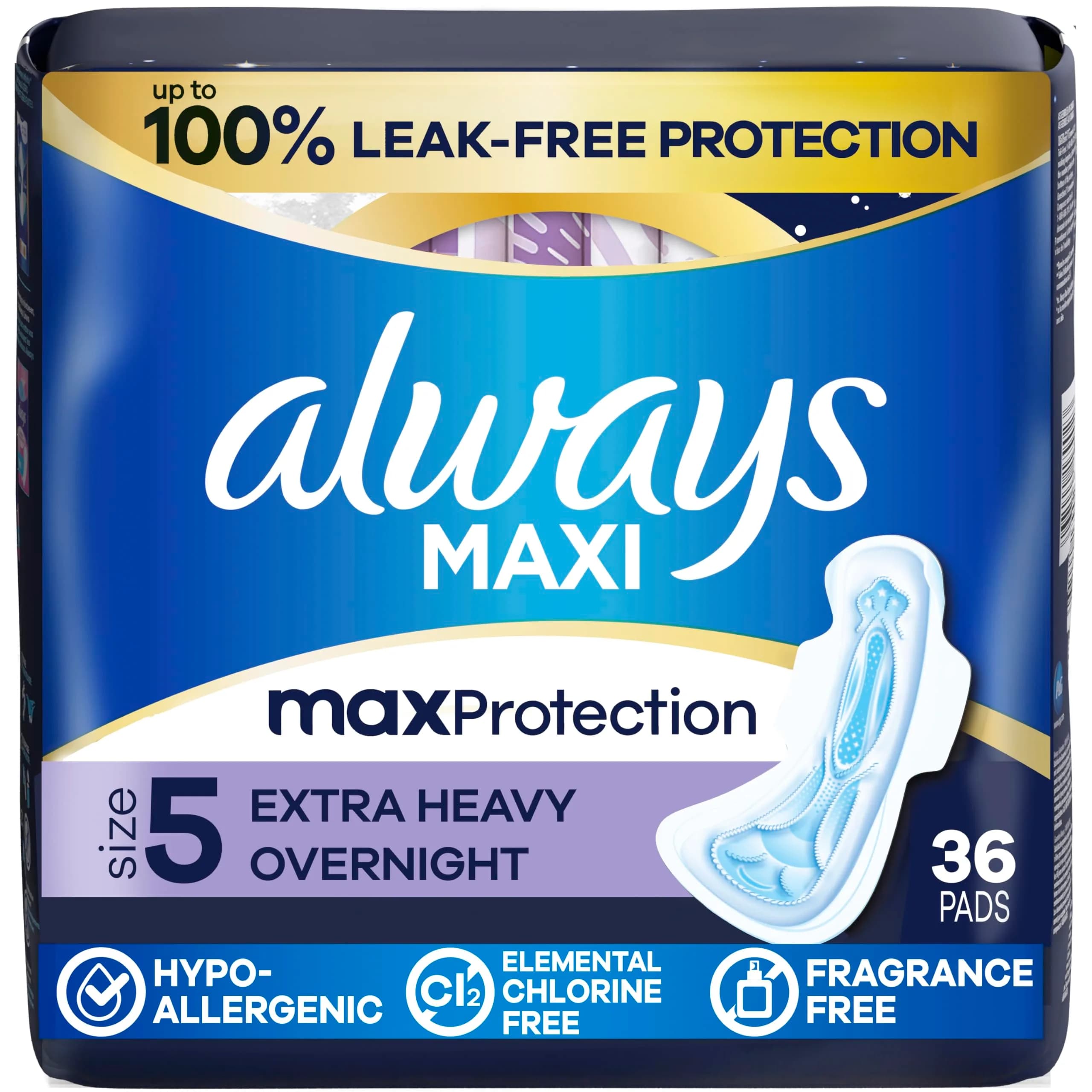 Always Maxi Overnight Pads with Wings Size 5 Extra Heavy 36 Count | 11 Hours Protection - main product image