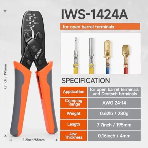 IWISS IWS-1424A Non Insulated Open Barrel Terminal Crimper AWG24-14 | Ergonomic Rubber Handle, 280g, Orange thumbnail 2
