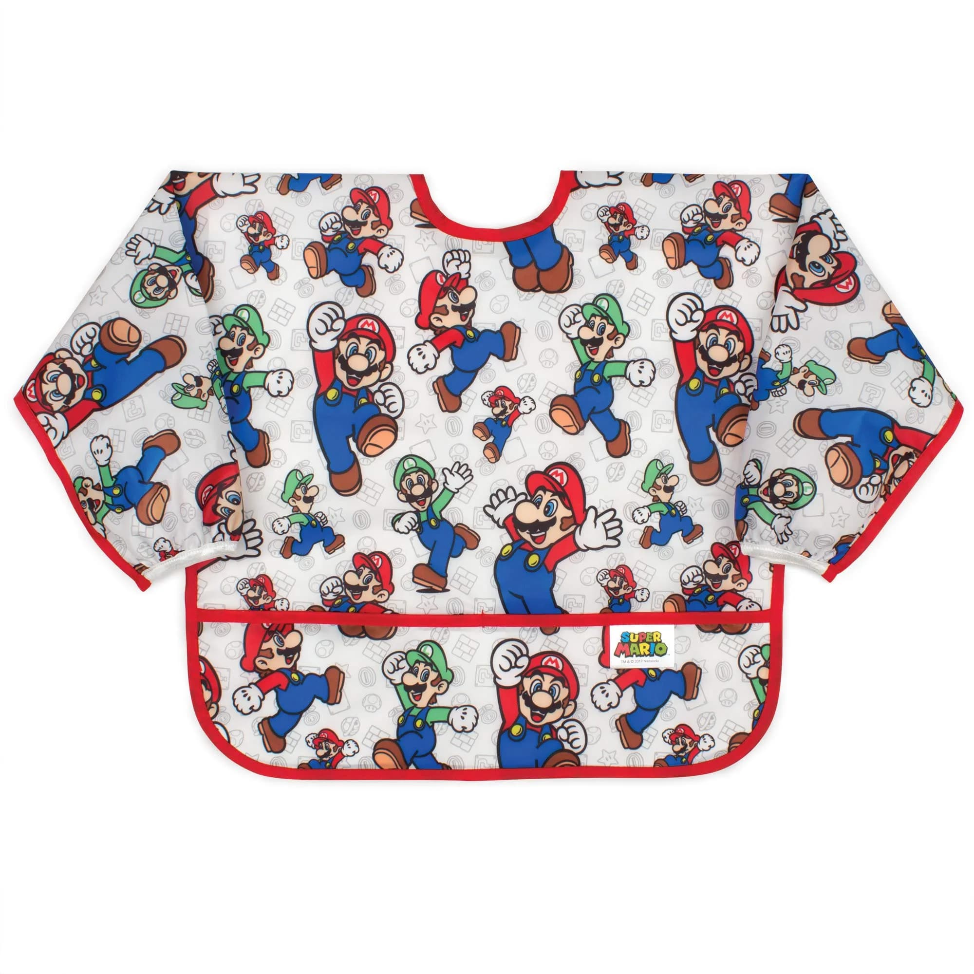 Bumkins Sleeved Bib for Babies 6-24 Months | Waterproof Fabric with Crumb Catcher Pocket, Jungle Print — Mario & Luigi