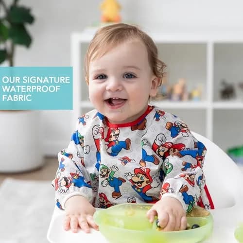 Bumkins Sleeved Bib Mario & Luigi 6-24 Months | Waterproof Fabric Feeding Smock thumbnail 3