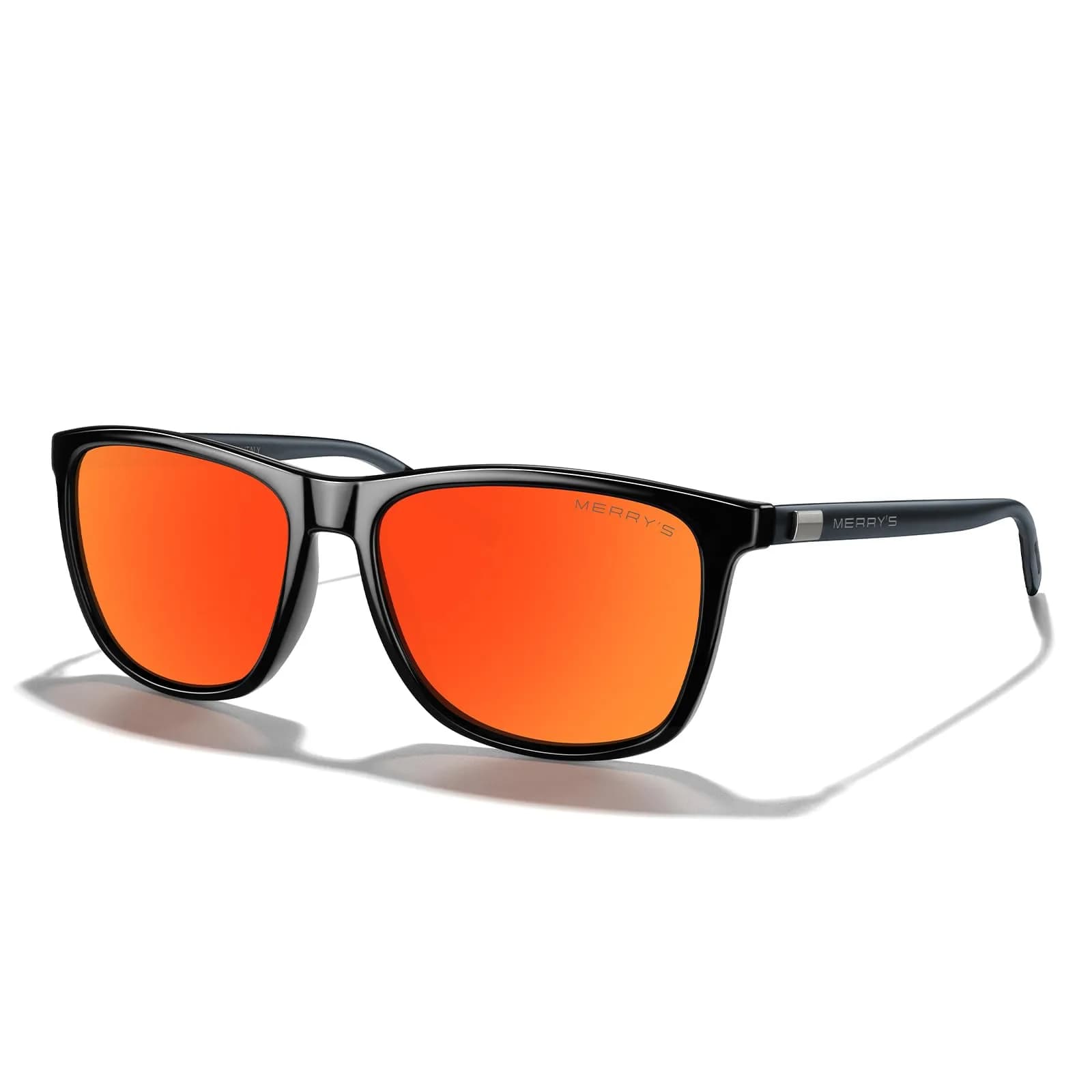 MERRY'S Square Polarized Sunglasses for Men Women Aluminum Temples | UV400 Polarized Lenses, Unisex — Black Frame/Red Mirror Lens/Grey Temples
