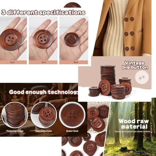 Chenkou Craft Large Size 60MM Round Wood Buttons 20pcs | Brown 4-Hole Sewing Buttons for Crafts thumbnail 5