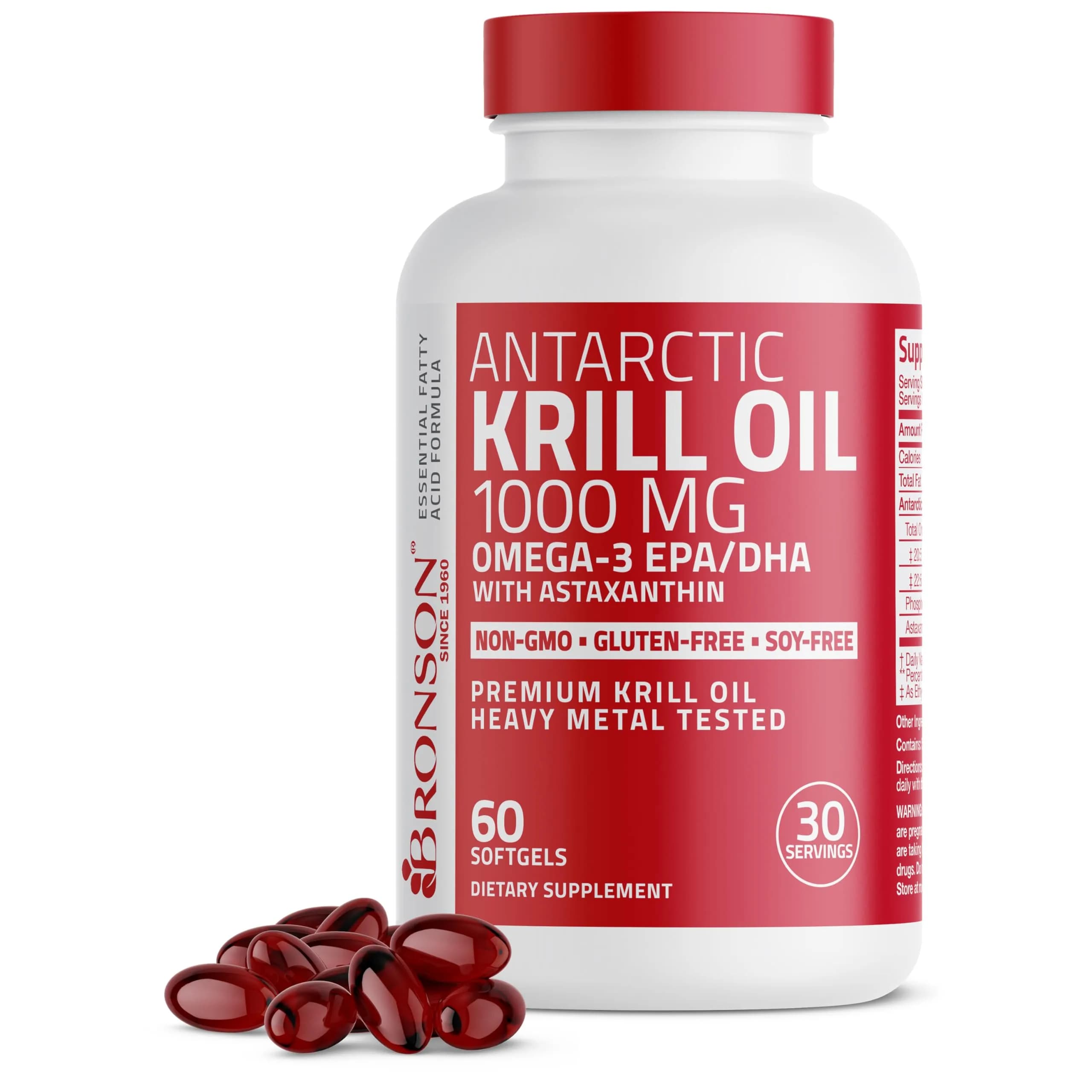 Bronson Antarctic Krill Oil 1000 mg with Omega-3s, 60 Softgels | Pure Antarctic Krill Oil with EPA, DHA & Astaxanthin