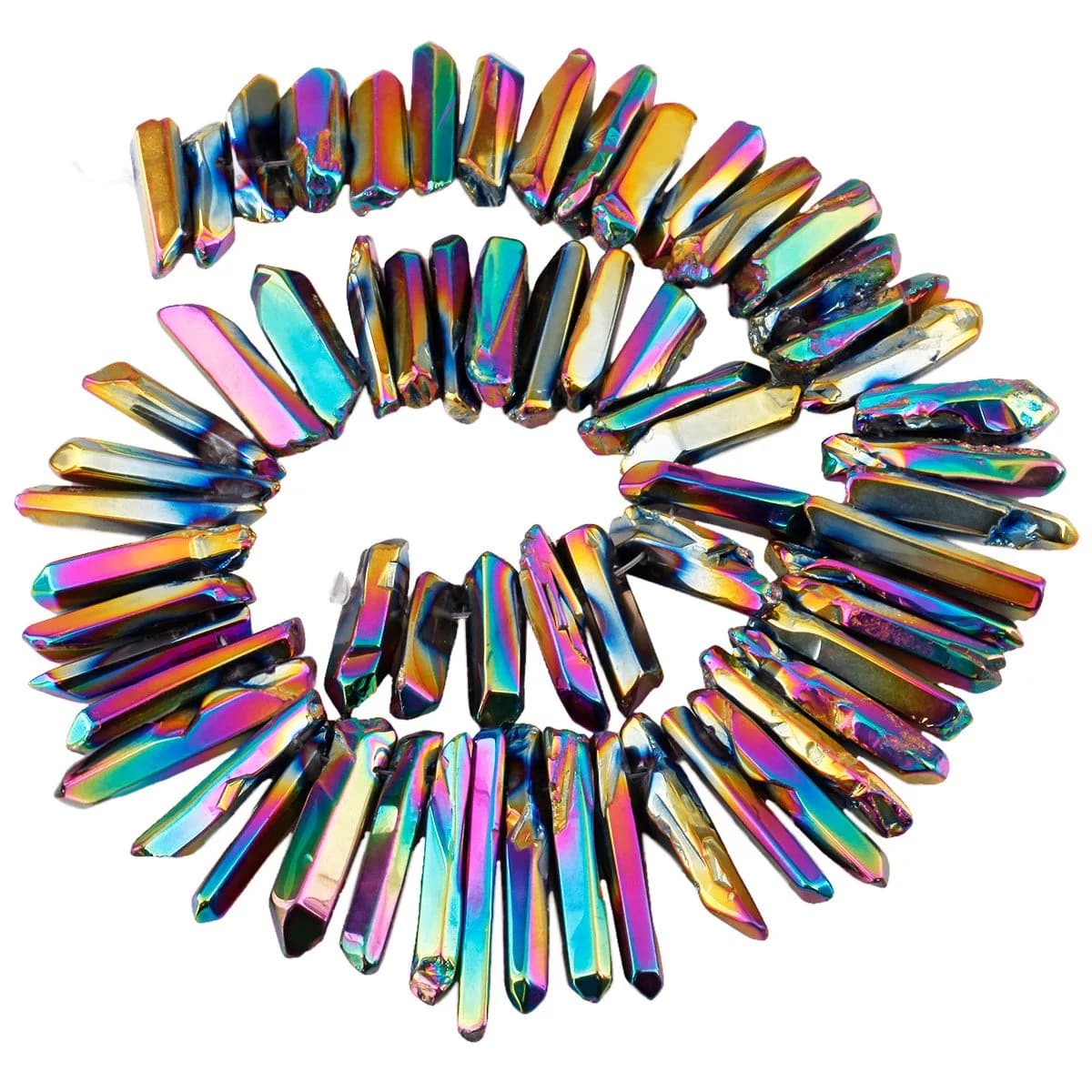 SUNYIK Assorted Color AB Aura Titanium Coated Crystal Points Quartz 15 inch Strand | Chakra Healing & Jewelry Making — #3-Rainbow(Polished) / 0.5"-1.6"